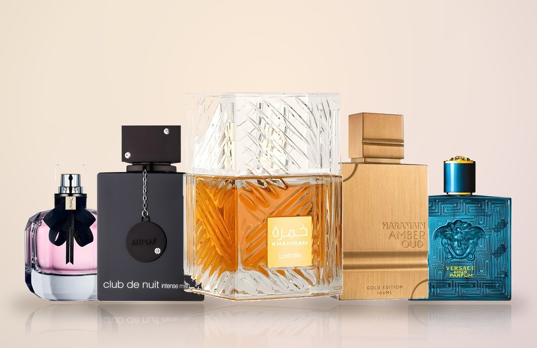 Frascos de Mon Paris, Club de Nuit Intense, Khamrah, Amber Oud Gold Edition y Versace Eros Parfum, disponibles en Essenza Perfumery Portoviejo